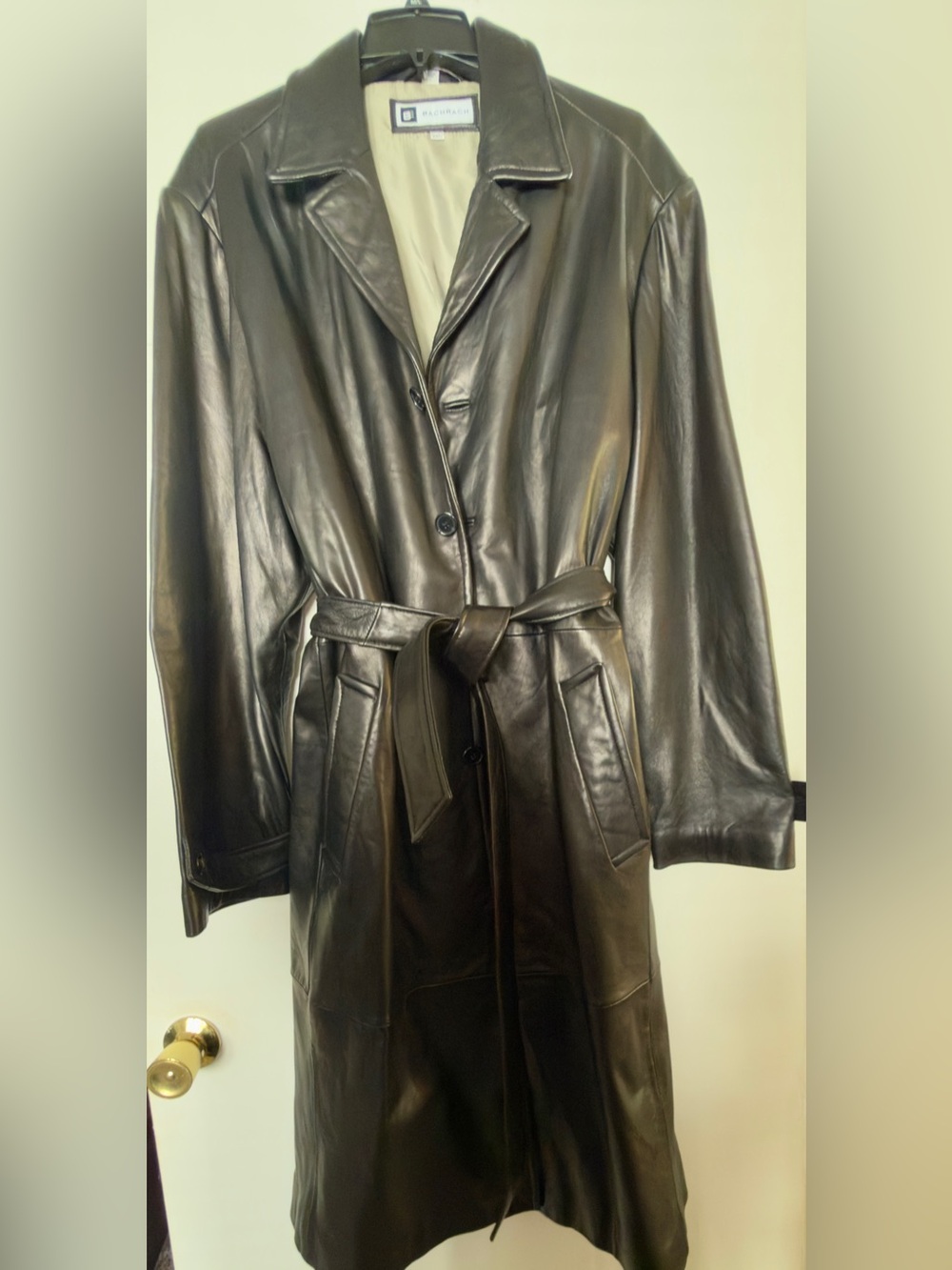 Vintage 90s Bachrach Black Leather Trench Coat XXL Excellent Condition